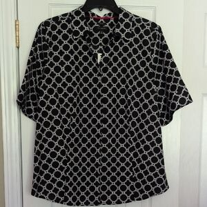 Talbots Black and White Boxy Button Down Shirt with Mandarin Collar